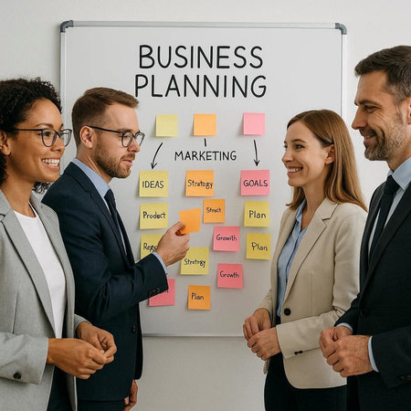 Business planning concept. Group of multiethnic businesspeople standing near whiteboard with...
