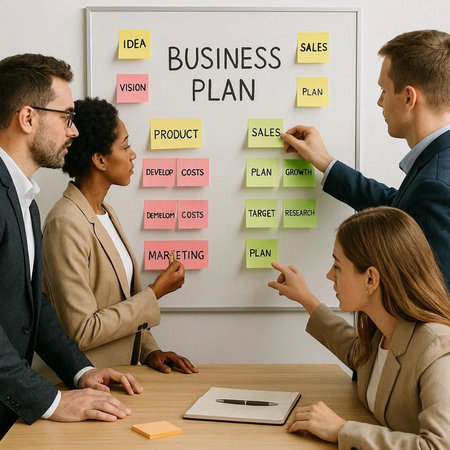 Business plan concept with business people pointing at sticky notes on whiteboardの写真素材