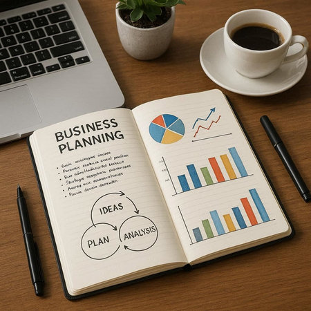Business planning concept drawn on a notepad with a cup of coffee