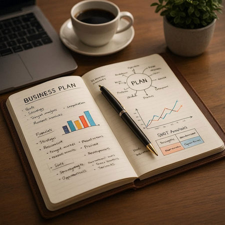 Business plan graph on notepad with a cup of coffee and laptop