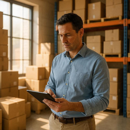 Serious mature man using digital tablet in warehouse. This is a freight transportation and distribution warehouse. Industrial and industrial workers conceptの写真素材