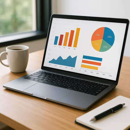 Laptop screen showing business data on a desk with a cup of coffee