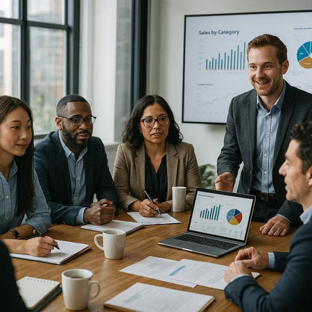 Group of multiethnic business people working and communicating together in office