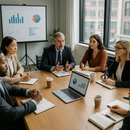high angle view of multiethnic businesspeople sitting at table during meeting in office