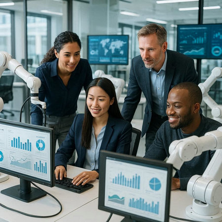 Group of happy business people working together on computers in office. They are looking at camera...