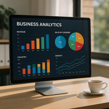 Business analysis concept on a computer screen with a coffee cup in the background