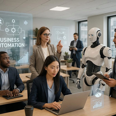 businesswoman pointing at robot while working with businesswoman and colleague in office
