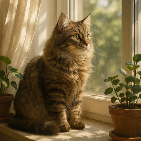 Siberian cat sitting on the window sill and looking out the windowの写真素材
