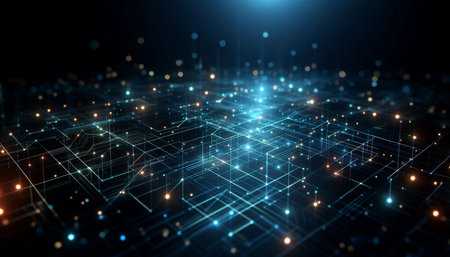 3D rendering of abstract technological background with glowing lines and dots.