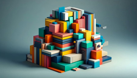 3d illustration of abstract geometric composition made of colorful cubes on grey background