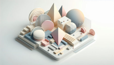 3d rendering of isometric abstract geometric composition in white background.