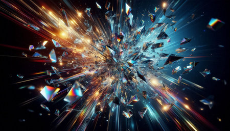 3d rendering of abstract geometric composition with glowing particles in empty space