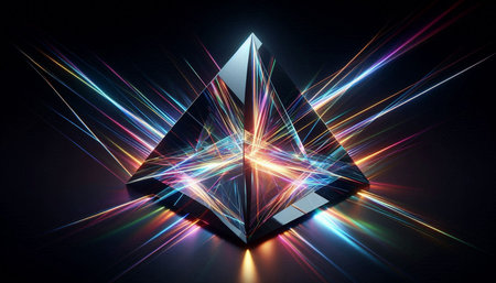 3d illustration of a pyramidal crystal with a neon glow
