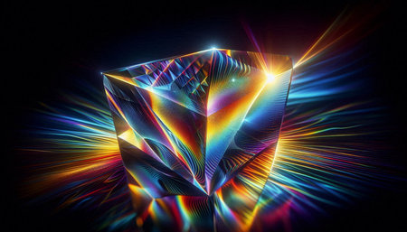 3D rendering of abstract geometric composition with glowing crystal on black background