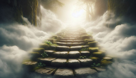 Stairway in the misty forest. 3D Rendering