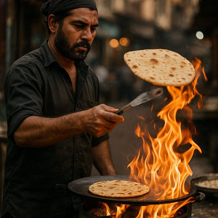 Indian street vendor preparing a traditional pita bread in the street.