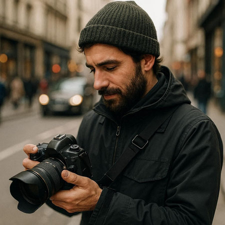 Handsome bearded man with a camera in the city street.