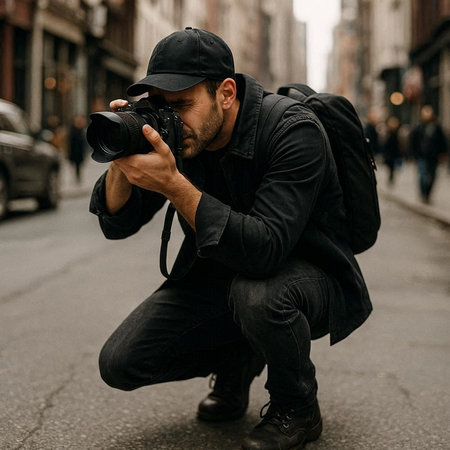 Portrait of a photographer with a camera in his hands on the street