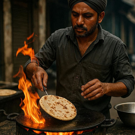 Closeup of a unknown Nepali man cooking a pancake at Durbar square in Kathmandu in the morning