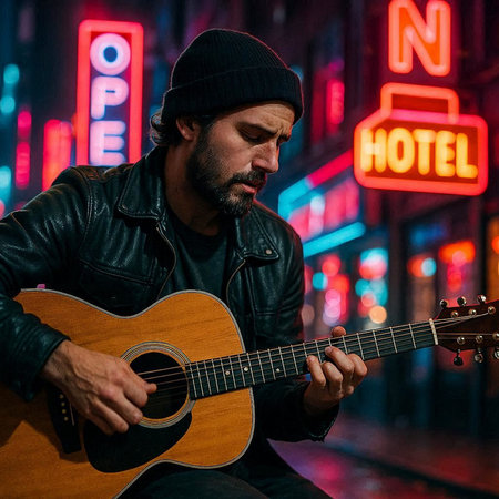 Portrait of a man playing an acoustic guitar in the night city.