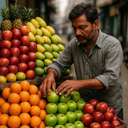 Indian man selling fruits in the street market in Kathmandu, Nepal.の写真素材
