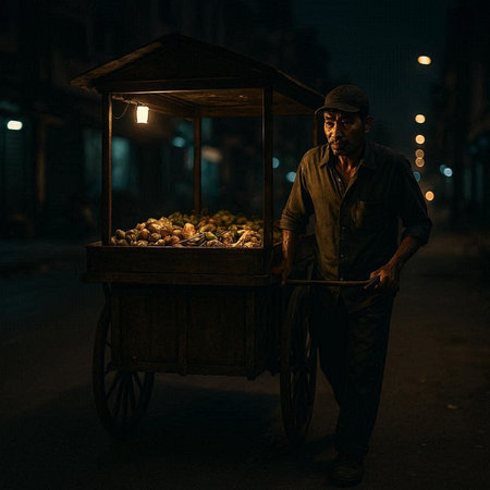 A street vendor with a cart full of dried fruits at night.の写真素材