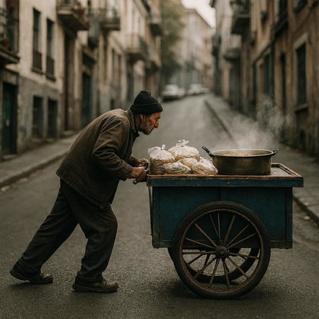 Street vendor with a cart full of freshly baked bread on the street