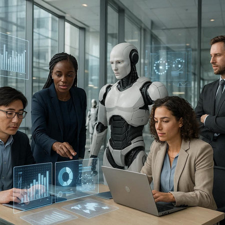 Group of business people and robots working together in a modern office.