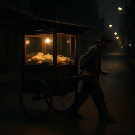 Street vendor at night in the city. Street food stall in the night.の写真素材