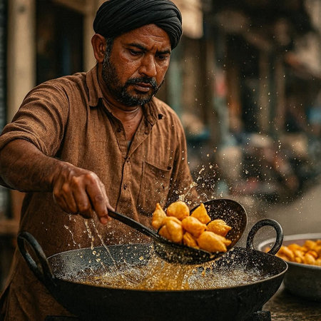 View of unknowns Nepali people cooking in the street of Kathmandu in the afternoon