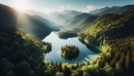 Beautiful lake in the mountains at sunset. 3d rendering.