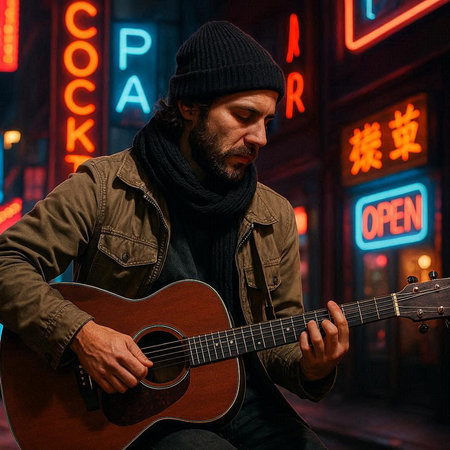 Handsome bearded man playing the guitar in the night city.