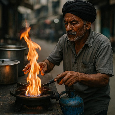 Indian man making a fire in the street.
