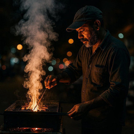 Portrait of a street vendor at night, preparing food on a barbecue