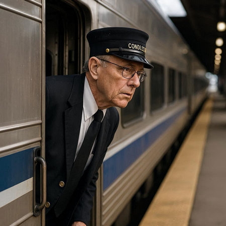 Senior man in a suit and cap waiting at the train station.