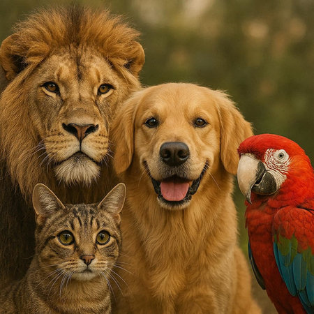 Lion, cat and dog together. Wildlife scene from nature.