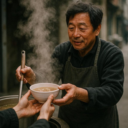 Old man making hot coffee at the street in Shanghai, China.