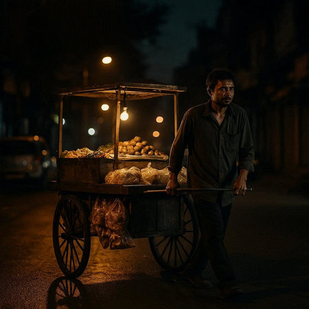 Street vendor at night in the old town of Kolkata, West Bengal, Indiaの写真素材