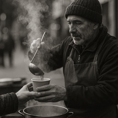 Homeless man eating soup on the street. Black and white.