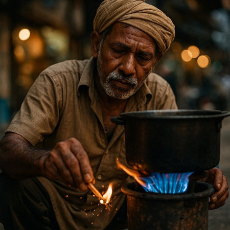 Unidentified indian man lighting a fire on the street.