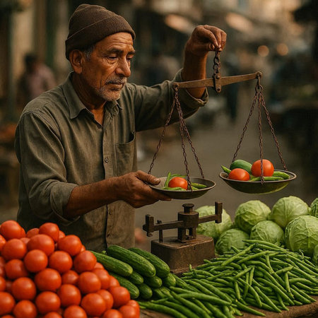 Old man weighing fresh vegetables on a scale in the street market.