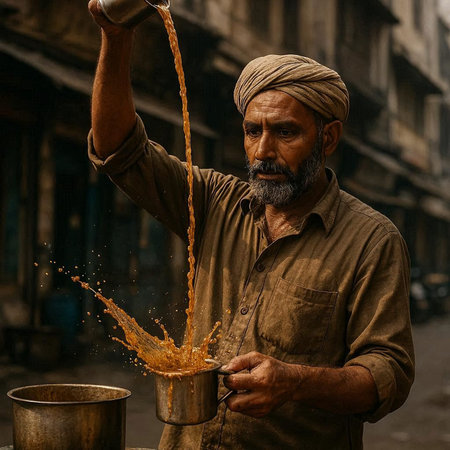 Indian man pouring water from a pot on the street in India.