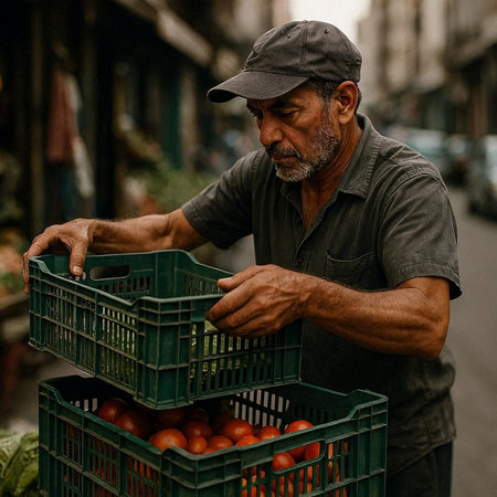Old man selling tomatoes in the street market in Istanbul, Turkey.の写真素材