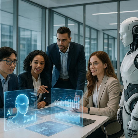 Group of business people working on project together in modern office. AI and robot concept. Double...