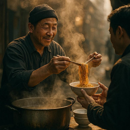 Chinese old man cooking noodle in the street, Asian people.