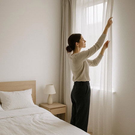 Side view of a young woman opening the curtains in a hotel roomの写真素材