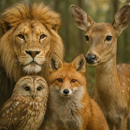 Lion family in the forest with owl and fawns.