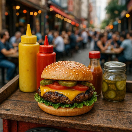 Hamburger with mustard and ketchup on a wooden table.の写真素材