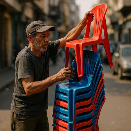 Street artist paints a chair in the city. Man paints a chair.の写真素材