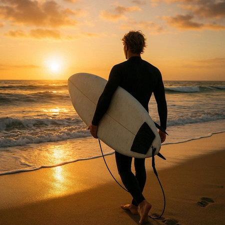 Surfer with his surfboard on the beach at sunset, back view